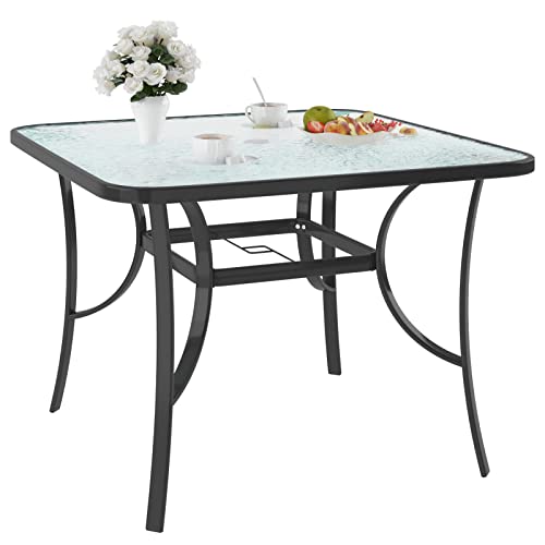 soges 41in Outdoor Patio Bistro Coffee Tea Table, Square Tempered Glass Steel Frame Dining Table with Umbrella Hole,All Weather Outside Desk for Garden Lawn Balcony Backyard, Black 30LHYW-OT03BK105