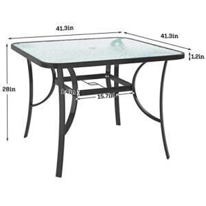 soges 41in Outdoor Patio Bistro Coffee Tea Table, Square Tempered Glass Steel Frame Dining Table with Umbrella Hole,All Weather Outside Desk for Garden Lawn Balcony Backyard, Black 30LHYW-OT03BK105