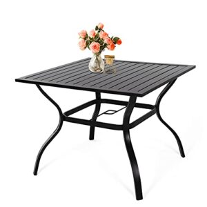 meooem outdoor metal patio dining table with umbrella hole, picnic table metal steel square backyard bistro table outdoor dining table for garden, poolside, backyard, black, 37×37