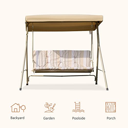 Outsunny 3-Seat Patio Swing Chair, Outdoor Canopy Swing Glider with Removable Cushion, Adjustable Shade and Weather Resistant Steel Frame, for Porch, Garden, Poolside, Backyard, Brown