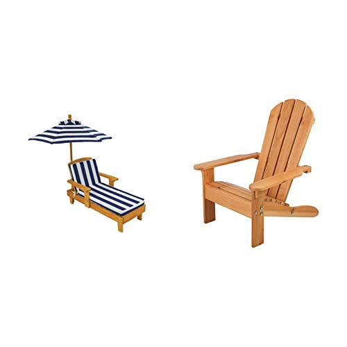 KidKraft Outdoor Wooden Chaise Lounge, Backyard Furniture Chair, Navy and White Striped Fabric & Wooden Adirondack Children's Outdoor Chair