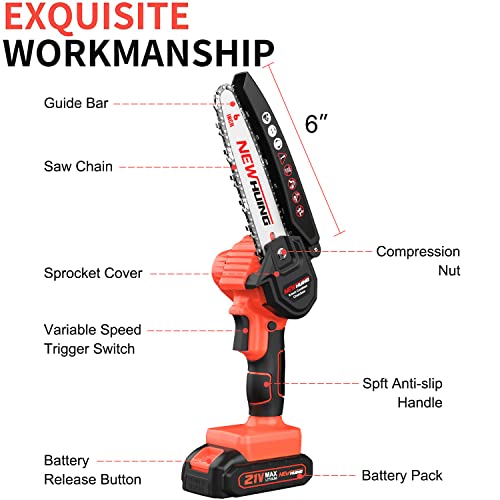 6-Inch Mini Electric Chainsaw Cordless - Handheld Portable Chainsaw with 2 Batteries - 21V Rechargeable Power Chain Saws for Tree Trimming Wood Cutting