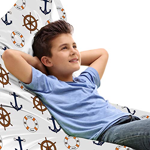 Lunarable Nautical Lounger Chair Bag, Marine Anchor Ship Wheel Life Naval Sea Life Objects Illustration, High Capacity Storage with Handle Container, Lounger Size, Pale Caramel Night Blue