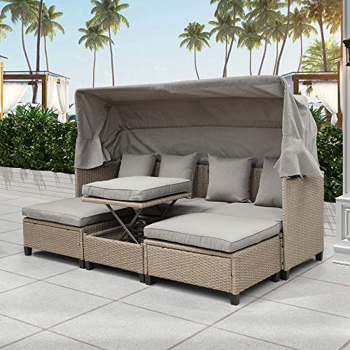 Life In Color Outdoor Sectional Sofa Set with 4 Piece Patio Rattan Daybed with Retractable Canopy, UV-Proof Resin Wicker Patio Sofa Set with Cushions, Pillows, and Lifting Table, Brown, 77x22.8x51.6