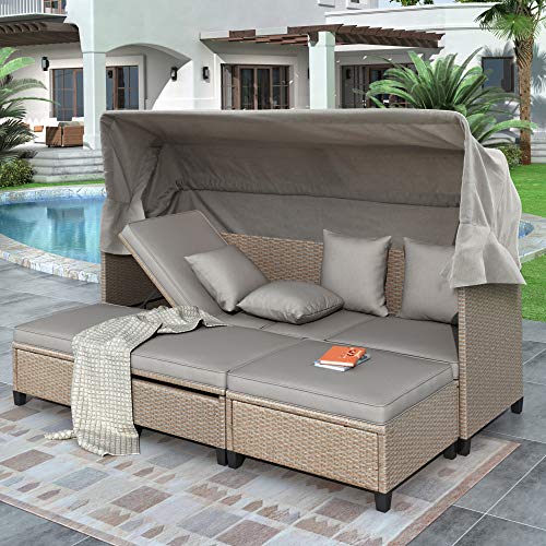 Life In Color Outdoor Sectional Sofa Set with 4 Piece Patio Rattan Daybed with Retractable Canopy, UV-Proof Resin Wicker Patio Sofa Set with Cushions, Pillows, and Lifting Table, Brown, 77x22.8x51.6