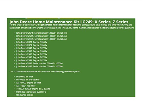 John Deere Home Maintenance Kit Fits Z445 Z465 X320 X324 X340 X360 X500 Filters Oil LG249 Check Engine & Serial Number Before Ordering