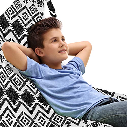 Lunarable Tribal Lounger Chair Bag, Hand Drawn Style Ethnic Pattern Geometric and Oranmental Aztec Design Print, High Capacity Storage with Handle Container, Lounger Size, White and Black