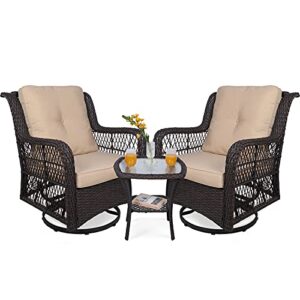 VIVIJASON 3-Piece Patio Wicker Conversation Bistro Set Cushioned, Outdoor Glider Swivel Rocking Chairs Rattan Furniture Sets with Thickened Cushion and Glass-Top Coffee Table, Beige Cushion