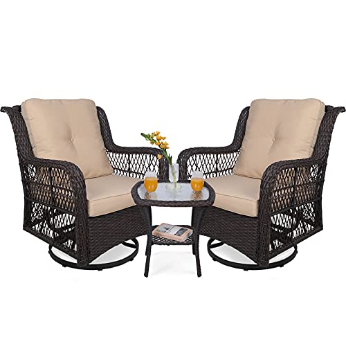 VIVIJASON 3-Piece Patio Wicker Conversation Bistro Set Cushioned, Outdoor Glider Swivel Rocking Chairs Rattan Furniture Sets with Thickened Cushion and Glass-Top Coffee Table, Beige Cushion