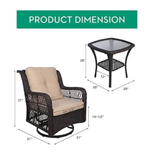 VIVIJASON 3-Piece Patio Wicker Conversation Bistro Set Cushioned, Outdoor Glider Swivel Rocking Chairs Rattan Furniture Sets with Thickened Cushion and Glass-Top Coffee Table, Beige Cushion