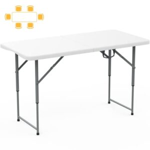 skok folding table 4 foot adjustable height, plastic foldable table portable with carry handle, utility commercial craft card table with heavy duty frame for picnic, dining and events, white