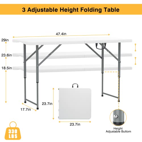 SKOK Folding Table 4 Foot Adjustable Height, Plastic Foldable Table Portable with Carry Handle, Utility Commercial Craft Card Table with Heavy Duty Frame for Picnic, Dining and Events, White