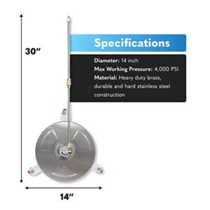 EDOU Direct Pressure Washer Surface Cleaner 14" with Wheels | Stainless Steel | Heavy Duty | 4,000 PSI Max Working Pressure | Includes: 2 Pressure Washer Extension Wand Attachments