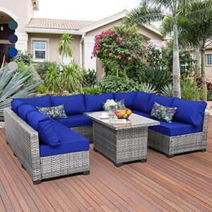 rattaner 9-piece outdoor sectional wicker furniture set patio furniture conversation couch set storage glass table with thicken(5″) anti-slip blue cushions furniture cover