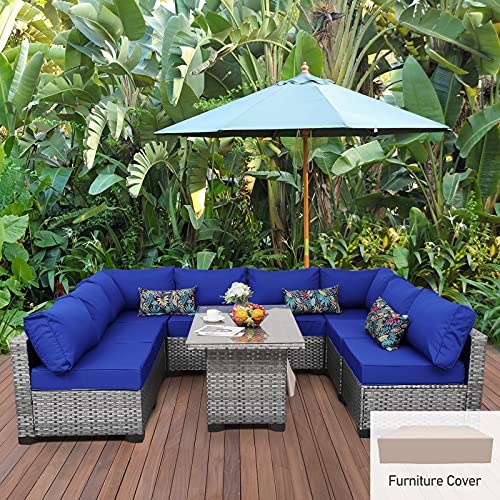 Rattaner 9-Piece Outdoor Sectional Wicker Furniture Set Patio Furniture Conversation Couch Set Storage Glass Table with Thicken(5") Anti-Slip Blue Cushions Furniture Cover