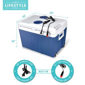 Lifestyle by Focus Electric Travel Cooler/Warmer Portable Camping Cooler Hard Cooler Ice Chest Roller Wheeled Cooler for Car, Home, Beach, Fishing, Camping, Party (Blue) Large 48 Quart, Holds 60 cans