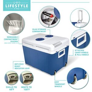 Lifestyle by Focus Electric Travel Cooler/Warmer Portable Camping Cooler Hard Cooler Ice Chest Roller Wheeled Cooler for Car, Home, Beach, Fishing, Camping, Party (Blue) Large 48 Quart, Holds 60 cans