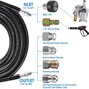 Sewer Jetter Kit for Pressure Washer 100FT, Newest 5800PSI Drain Cleaner Hose 1/4 Inch NPT Corner, Rotating and Button Hose Sewer Jetting Nozzle Pearl Corsage Pin Waterproof Tape with 2 Spanner