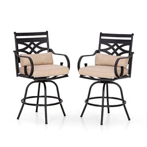 phi villa outdoor swivel bar stools set of 2, metal tall patio bar height chairs, strong and heavy duty outdoor counter height bar stools with cushion and pillow, max load bearing up to 300 lbs
