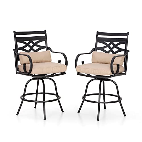 PHI VILLA Outdoor Swivel Bar Stools Set of 2, Metal Tall Patio Bar Height Chairs, Strong and Heavy Duty Outdoor Counter Height Bar Stools with Cushion and Pillow, Max Load Bearing up to 300 Lbs