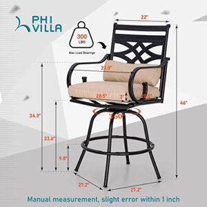 PHI VILLA Outdoor Swivel Bar Stools Set of 2, Metal Tall Patio Bar Height Chairs, Strong and Heavy Duty Outdoor Counter Height Bar Stools with Cushion and Pillow, Max Load Bearing up to 300 Lbs