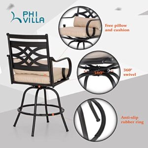 PHI VILLA Outdoor Swivel Bar Stools Set of 2, Metal Tall Patio Bar Height Chairs, Strong and Heavy Duty Outdoor Counter Height Bar Stools with Cushion and Pillow, Max Load Bearing up to 300 Lbs