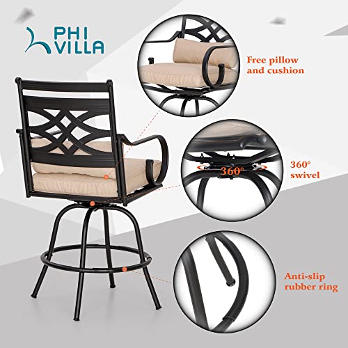 PHI VILLA Outdoor Swivel Bar Stools Set of 2, Metal Tall Patio Bar Height Chairs, Strong and Heavy Duty Outdoor Counter Height Bar Stools with Cushion and Pillow, Max Load Bearing up to 300 Lbs