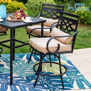 PHI VILLA Outdoor Swivel Bar Stools Set of 2, Metal Tall Patio Bar Height Chairs, Strong and Heavy Duty Outdoor Counter Height Bar Stools with Cushion and Pillow, Max Load Bearing up to 300 Lbs