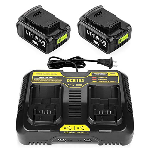 Powilling 2Pack 5.0Ah Replacement for Dewalt 20V MAX XR Battery + DCB102 Charger DCB107 DCB105 DCB101 DCB115 for 20V Battery DCB204 DCB206 DCB180 DCD985B DCB200 DCD/DCF/DCG 20V Battery