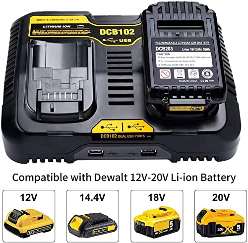 Powilling 2Pack 5.0Ah Replacement for Dewalt 20V MAX XR Battery + DCB102 Charger DCB107 DCB105 DCB101 DCB115 for 20V Battery DCB204 DCB206 DCB180 DCD985B DCB200 DCD/DCF/DCG 20V Battery