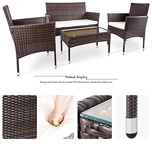 4 PCS Outdoor Garden Rattan Patio Furniture Set Backyard Cushioned Seat Wicker Sofa Kit Brown