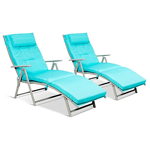 Giantex Chaise Lounge Chair for Outside, Pool Folding Reclining Beach Chair W/Removable Cushion&Headrest Pillow, Outdoor Lounge Chaise w/ 7 Backrest Positions, Portable Patio Lounger (2, Turquoise)