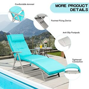 Giantex Chaise Lounge Chair for Outside, Pool Folding Reclining Beach Chair W/Removable Cushion&Headrest Pillow, Outdoor Lounge Chaise w/ 7 Backrest Positions, Portable Patio Lounger (2, Turquoise)