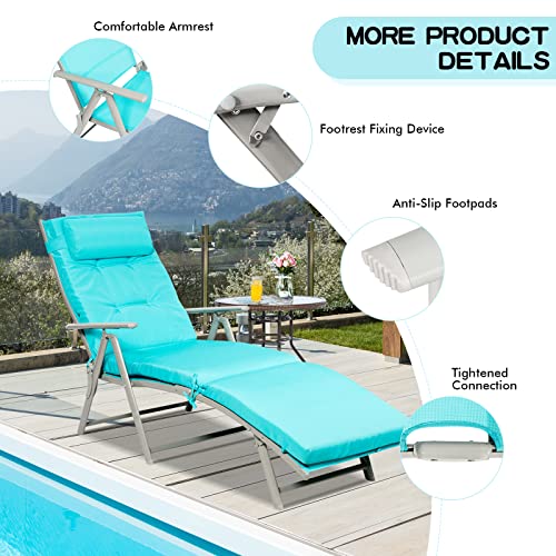 Giantex Chaise Lounge Chair for Outside, Pool Folding Reclining Beach Chair W/Removable Cushion&Headrest Pillow, Outdoor Lounge Chaise w/ 7 Backrest Positions, Portable Patio Lounger (2, Turquoise)