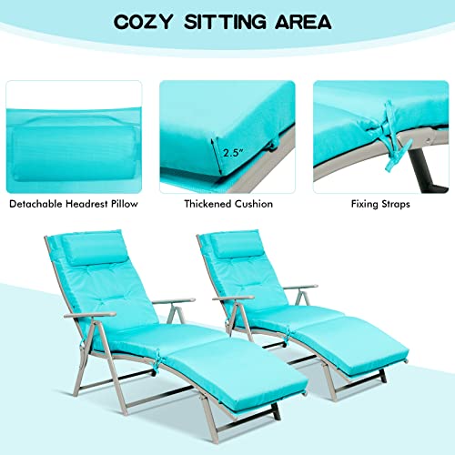 Giantex Chaise Lounge Chair for Outside, Pool Folding Reclining Beach Chair W/Removable Cushion&Headrest Pillow, Outdoor Lounge Chaise w/ 7 Backrest Positions, Portable Patio Lounger (2, Turquoise)