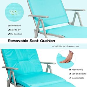 Giantex Chaise Lounge Chair for Outside, Pool Folding Reclining Beach Chair W/Removable Cushion&Headrest Pillow, Outdoor Lounge Chaise w/ 7 Backrest Positions, Portable Patio Lounger (2, Turquoise)