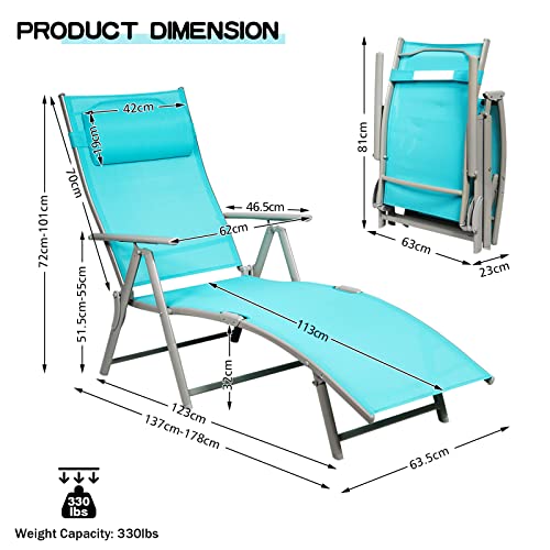 Giantex Chaise Lounge Chair for Outside, Pool Folding Reclining Beach Chair W/Removable Cushion&Headrest Pillow, Outdoor Lounge Chaise w/ 7 Backrest Positions, Portable Patio Lounger (2, Turquoise)