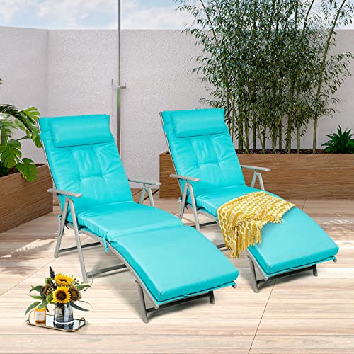 Giantex Chaise Lounge Chair for Outside, Pool Folding Reclining Beach Chair W/Removable Cushion&Headrest Pillow, Outdoor Lounge Chaise w/ 7 Backrest Positions, Portable Patio Lounger (2, Turquoise)