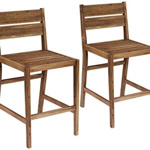 Teal Island Designs Nova Natural Acacia Wood Outdoor Bar Stools Set of 2 Brown 24" High Farmhouse Rustic Plank Seat with Ladder Backrest Footrest for Kitchen Counter Island Patio Garden Balcony