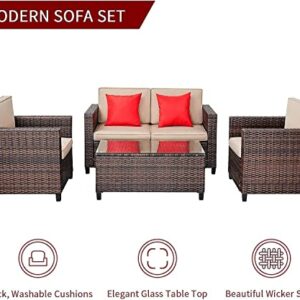 SUNCROWN 4-Piece Outdoor Patio Wicker Furniture Sofa Set, Sectional Conversation Set with Cushions & Tempered Glass Table