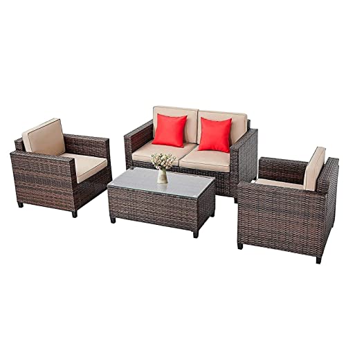SUNCROWN 4-Piece Outdoor Patio Wicker Furniture Sofa Set, Sectional Conversation Set with Cushions & Tempered Glass Table
