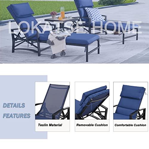 LOKATSE HOME 2 Pieces Outdoor Patio Chaise Lounge Blue Removable Cushions and Pillows with Adjustable Backrest and Armres Reclining Chairs for Beach Poolside Balcony Backyard Garden