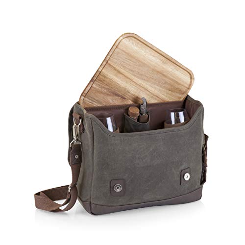 LEGACY - a Picnic Time Brand Adventure Wine Tote Glasses and Mini Table, 2 Bottle Picnic Bag, (Khaki Green with Brown Accents)