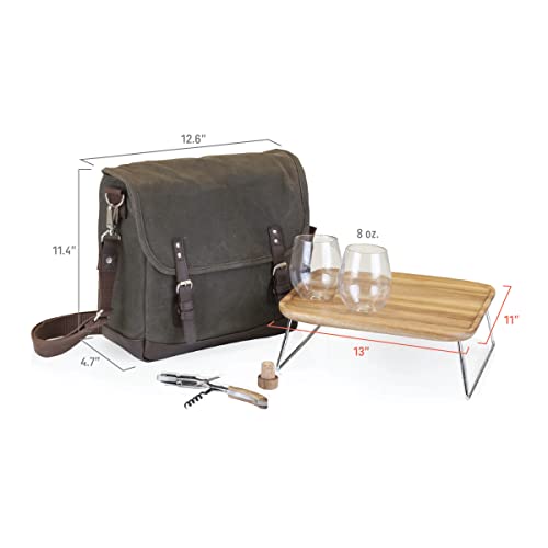 LEGACY - a Picnic Time Brand Adventure Wine Tote Glasses and Mini Table, 2 Bottle Picnic Bag, (Khaki Green with Brown Accents)