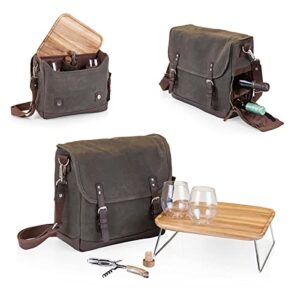 LEGACY - a Picnic Time Brand Adventure Wine Tote Glasses and Mini Table, 2 Bottle Picnic Bag, (Khaki Green with Brown Accents)