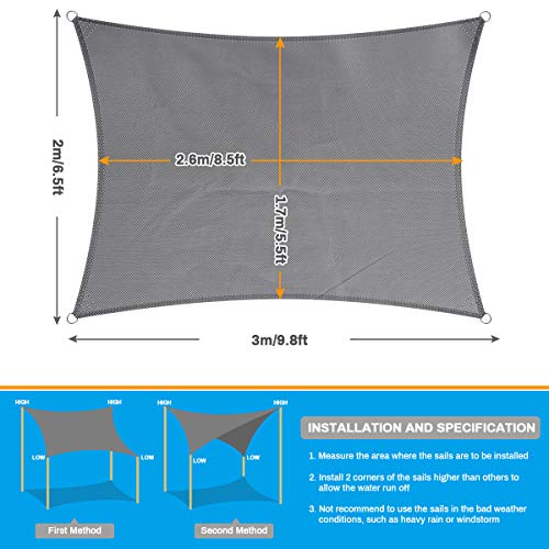 Sun Sail Shades Rectangular Waterproof, Jhua 9.8 x 6.5ft Sun Shade Sail Rectangle 160GSM UV Block Sail Canopy for Patio Backyard Lawn Garden Deck Sand, Outdoor Activities