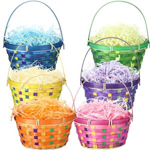 6 pcs easter bamboo basket with 24 pcs plastic eggs and 480g raffia paper grass, handmade woven easter basket with handle for egg hunting, picnic and party favors