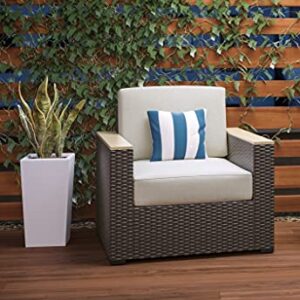 Homestyles 6800-10 Palm Springs Outdoor Arm Chair with Cushion, Weatherproof Woven Wicker Rattan with Acacia Wood Accents, 1 Person, Beige