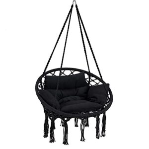 krofem macrame hammock hanging swinging chair, perfect for bedroom, porch, kids, adults, balcony with thick cushion black (ceiling mounting hardware not included)
