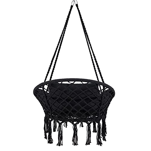 KROFEM Macrame Hammock Hanging Swinging Chair, Perfect for Bedroom, Porch, Kids, Adults, Balcony with Thick Cushion Black (Ceiling Mounting Hardware Not Included)